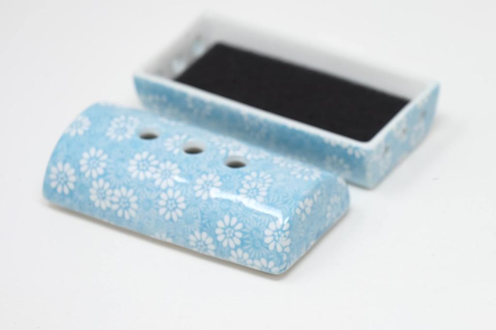 Horizontal Cylindrical Incense Burner, for Laying Incense Sticks, Made In Japan by Mino Ware, Light Blue, for Yoga, Meditation, Mindfulness, and