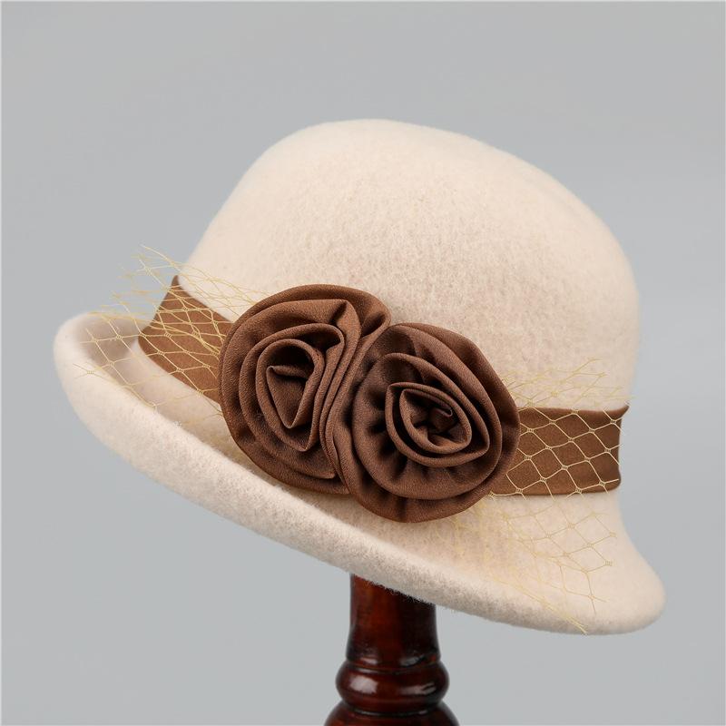 Hatt Dame høst og vinter ull varm bøttehatt Allsidig blomsterkrøllet topphatt Britisk mote ull pottelue