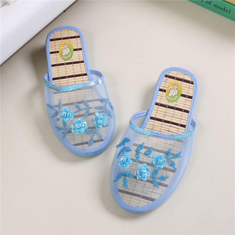 Handmade Beaded Home Slippers Women's Summer Indoor Mesh Wooden Flooring All Season Slippers Flat Heel