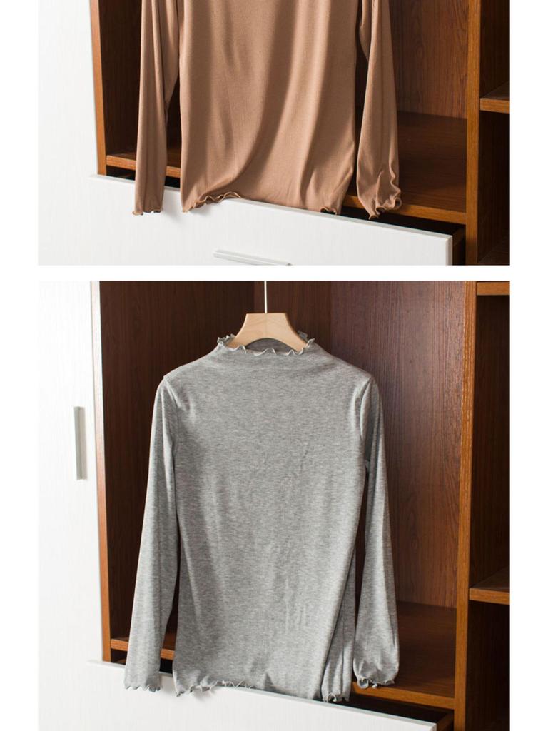 Women's Korean Style Modal Long Sleeve Base Layer T-shirt, Half-High Neck, Plus Size, Thin, Solid Color, Autumn Top