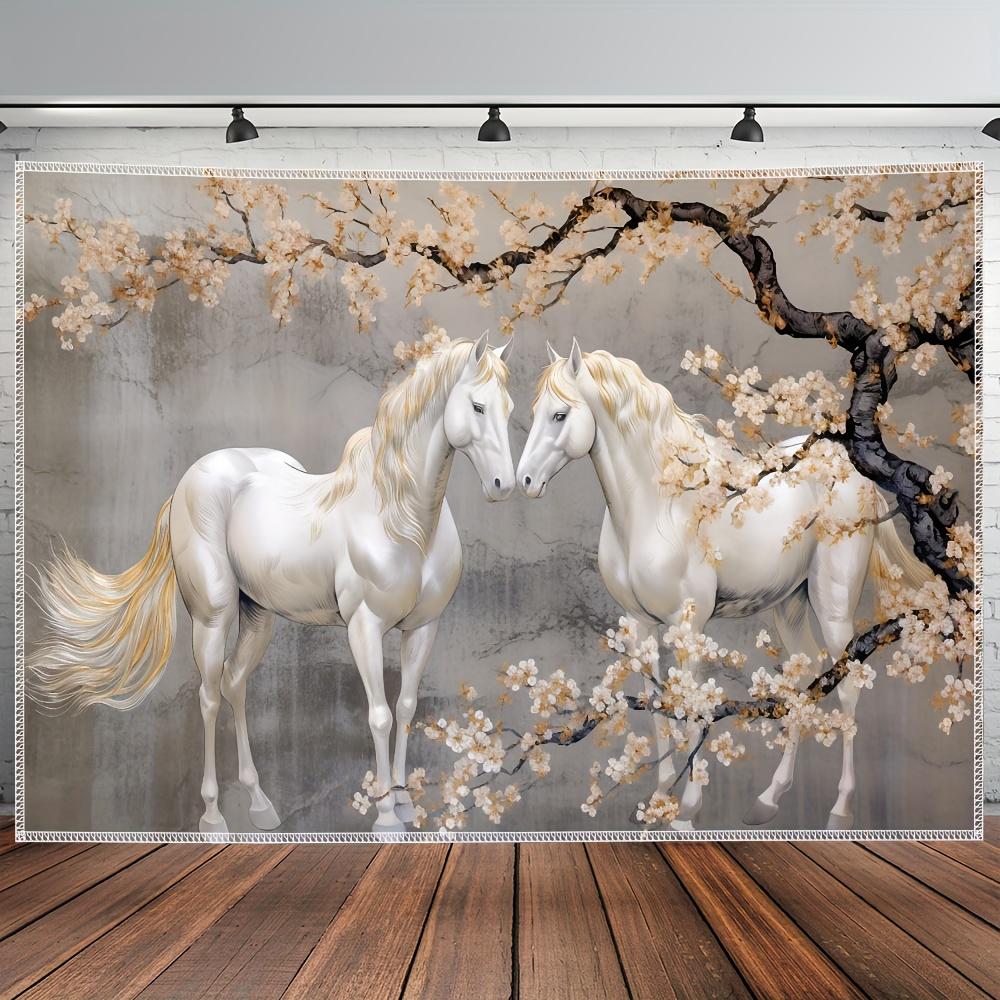 White Horse Tapestry, Elegant Steeds under Cherry Blossom Tree, Romantic Nature Wall Art for Living Room Bedroom Decor