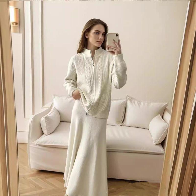 European and American Loose Knit Zip-up Sweater Skirt sets Knited Sweater and Skirt Set