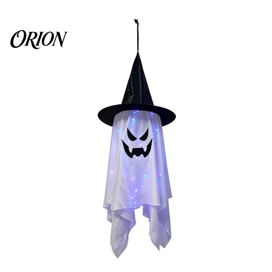 Halloween Yard Art for Decoration Hanging Ghost Decor with Wizard Hat, LED Light Up Colorful Lights Patio Windsock Porch Yard, Outdoor Spooky