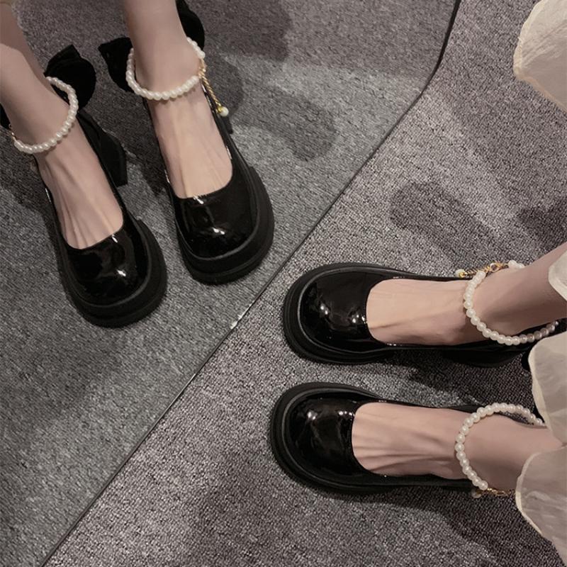 Mary Jane-skor för kvinnor Vår Fransk Pärla Mode Allmatch Tjock Klack Läderskor