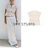 Summer Women's Clothing Single Row Multi-Buckle Round Neck Super Short Sleeve Straight Lace Crocheted Vacation Style Tops 3666107