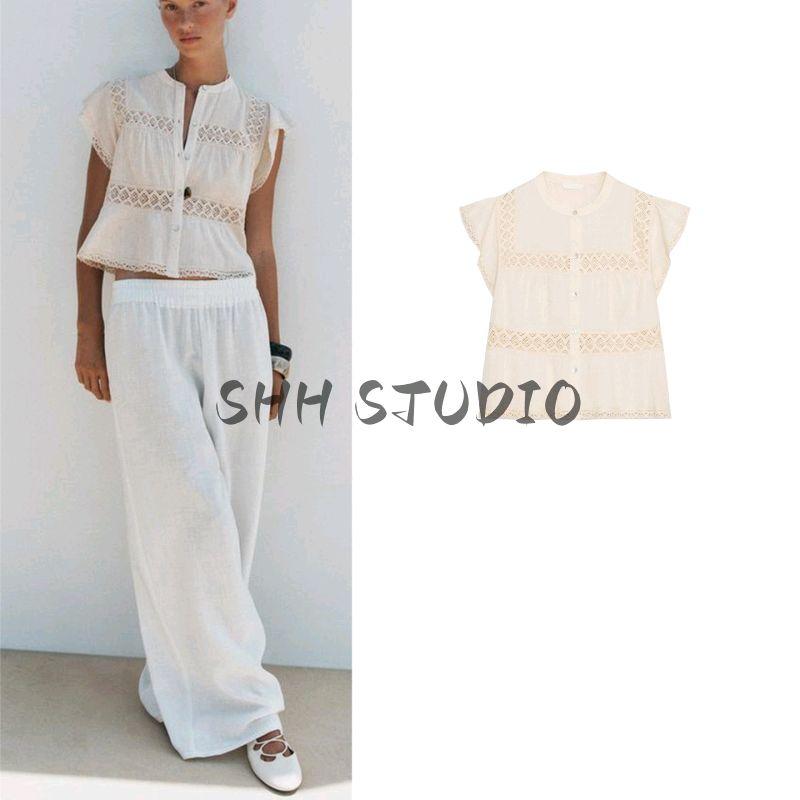 Summer Women's Clothing Single Row Multi-Buckle Round Neck Super Short Sleeve Straight Lace Crocheted Vacation Style Tops 3666107