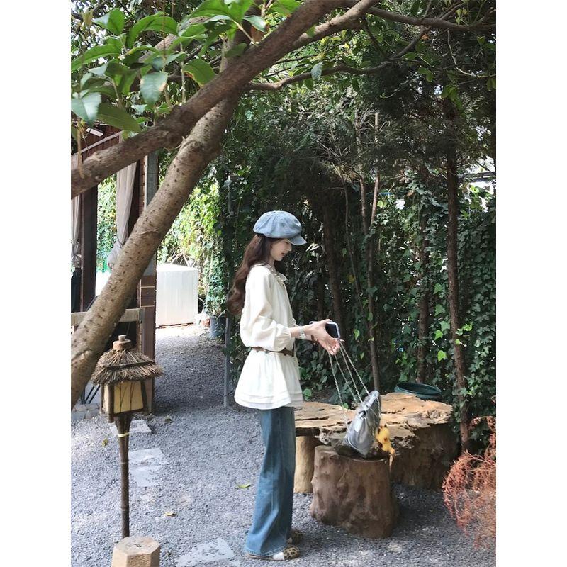 Kumikumi Sweet Style Wooden Ear Lace-up Long Sleeve Shirts Women Clothes Autumn Age-Reducing Chic Loose All-Match Top