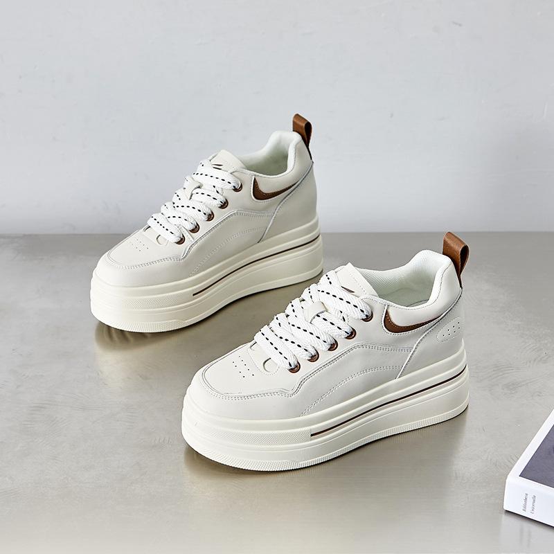 8cm  New Genuine Leather Chunky Sneakers Vulcanize Autumn Thick Soled Pumps Women Platform Wedge Fashion Ladies Spring Shoes