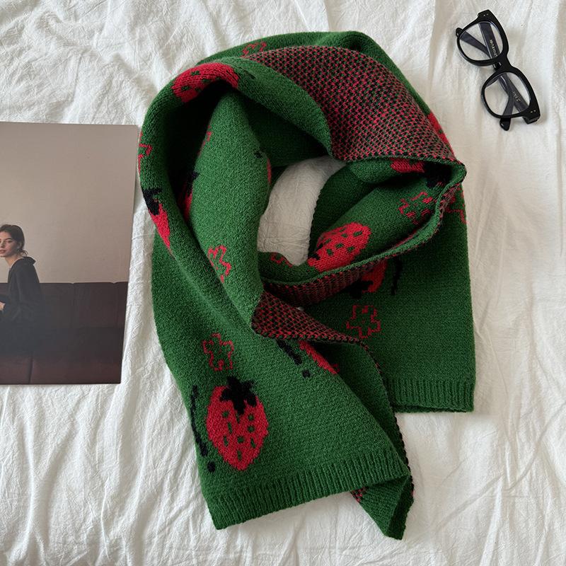 New Year Green Strawberry Christmas Scarf Women's Winter Atmosphere Korean Style Versatile Shawl Warm Long Knitted Scarf