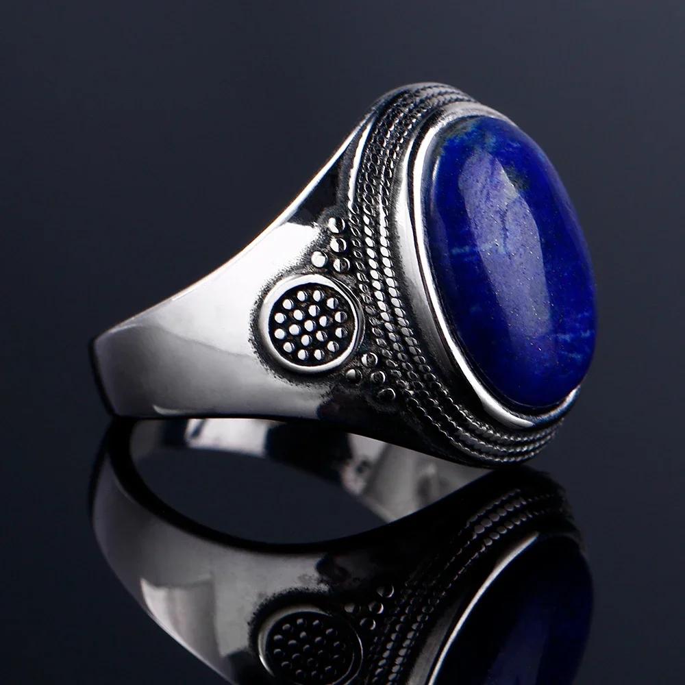Silver S925 Ring Natural Big Oval Lapis Rings for Men Women Retro Luxury Fine Jewelry Party Anniversary Gift