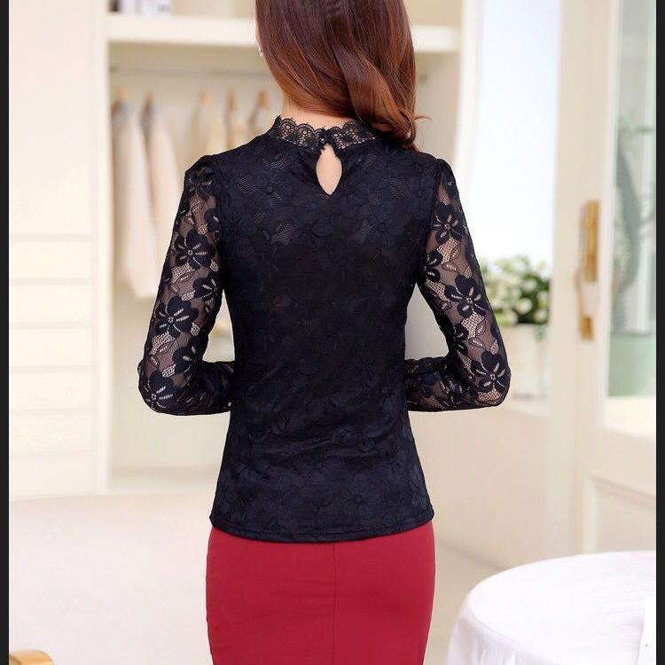 Skjorte med blonder for kvinner Høst Vinter Langermet T-skjorte Varme, uthulede gensere Topp S-5XL