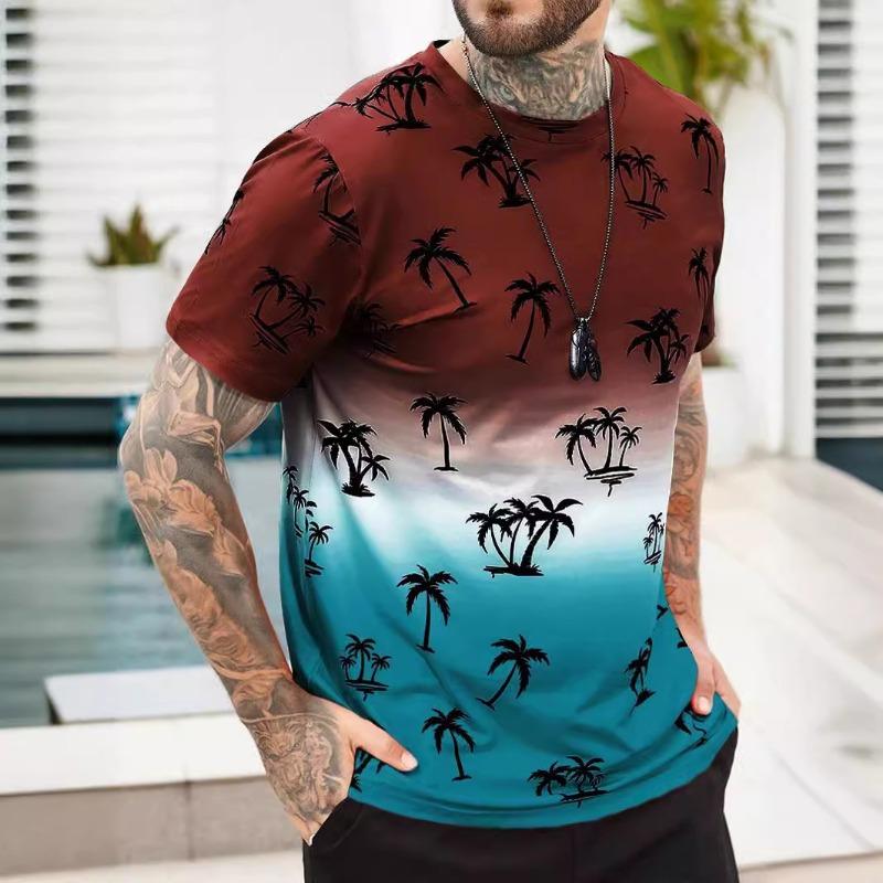 Grenzüberschreitendes minimalistisches Farbblock-3D-gedrucktes Kokospalmen-Kurzarm-T-Shirt, Europäische und Amerikanische Übergrößen-Sportbekleidung