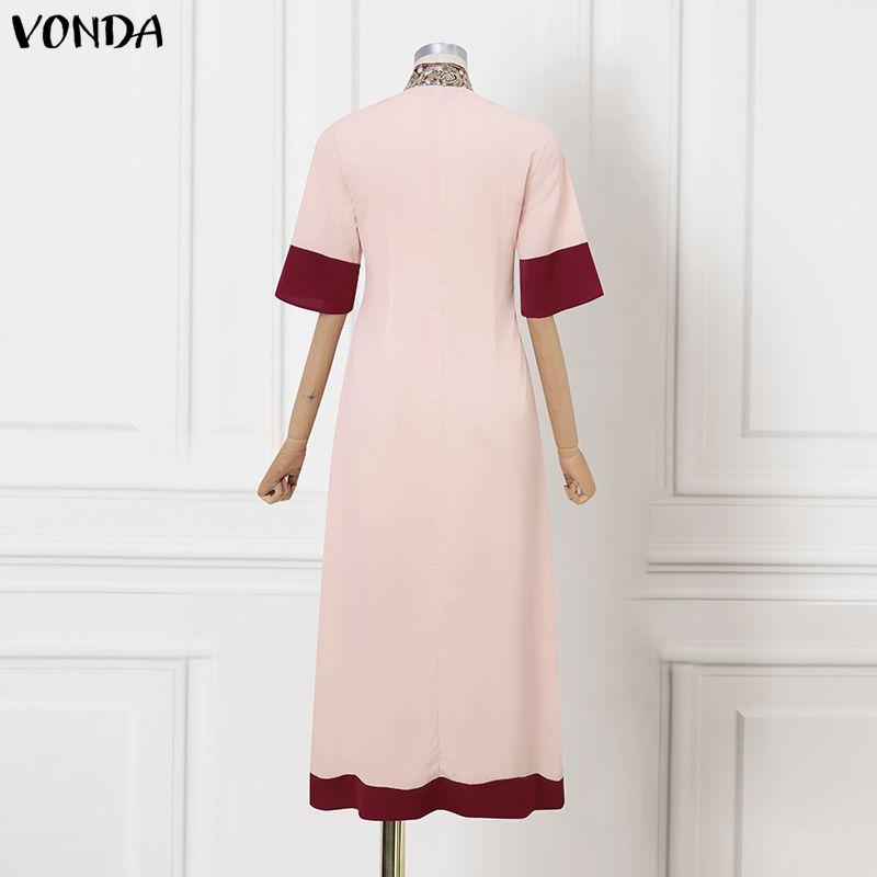 VONDA Elegant Women Half Sleeve Beading Webbing Stitching Casual Long Maxi Dress