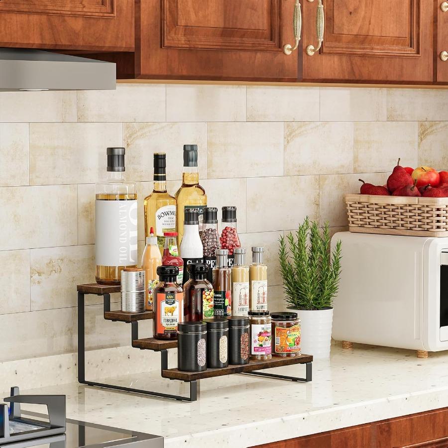 

Подставка для специй 4-ярусная ступенчатая полка столешница держатель для хранения специй органайзер для специй для шкафа кухонной столешницы кофейного сиропа Ра United States
