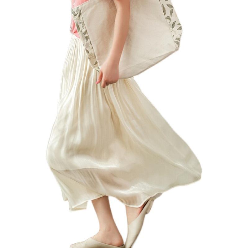 Mid-length Skirt with Watery Yarn and Wrinkled Pleated Skirt Covering The Strap To Make It Look Slim and Elastic Waist A-line Skirt