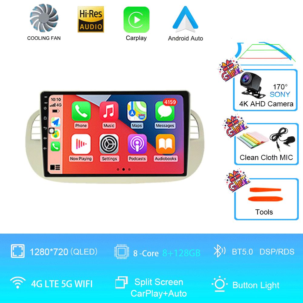 Android 14 Car Radio For Fiat 500 With GPS Navigation Steering Wheel Control Multimedia Carplay& Auto BT WIFI Stereo 360 Camera