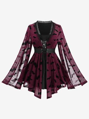 Rosegal Plus Size 2-in-1-Top mit Fledermaus-Stern-Netzbeflockung, Schnürung, Spitzenbesatz, Gürtel und abnehmbarer Nadel