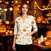 Women's Halloween Print V-Neck Uniform Top with Pockets and Side Slits, Three-Quarter Sleeve Casual Scrub