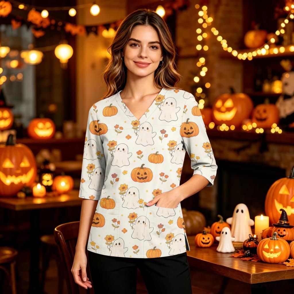 Women's Halloween Print V-Neck Uniform Top with Pockets and Side Slits, Three-Quarter Sleeve Casual Scrub
