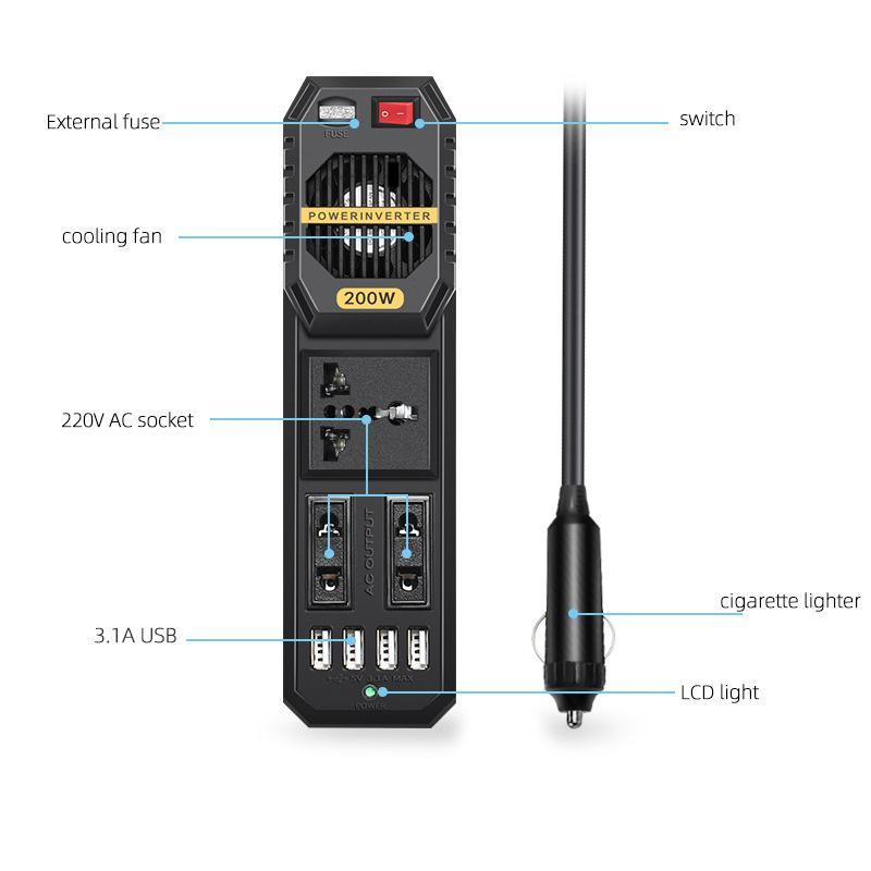 1Pcs 200W Car Inverter Dc 12V To Ac 220V 4 Usb Fast Charging Socket Power Adapter Power Supply