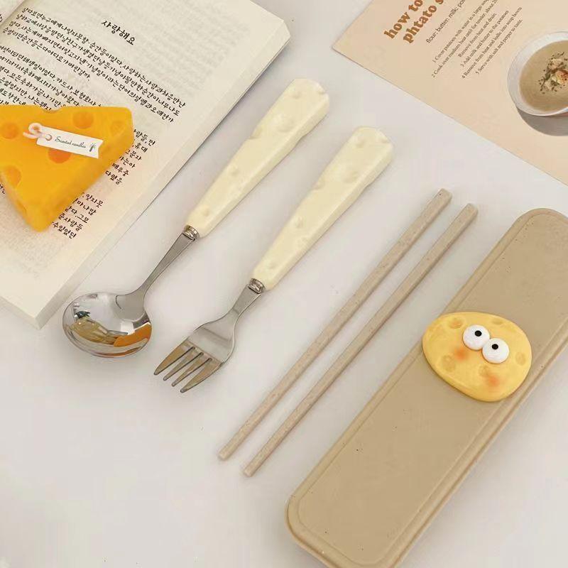 Stainless steel chopsticks spoon fork three-piece set cartoon cheese love student picnic portable tableware set