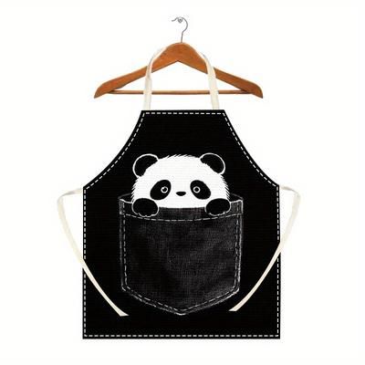1pc Black Panda Pocket Apron Cute Animal Design Kitchen Cooking Bib for Men Women