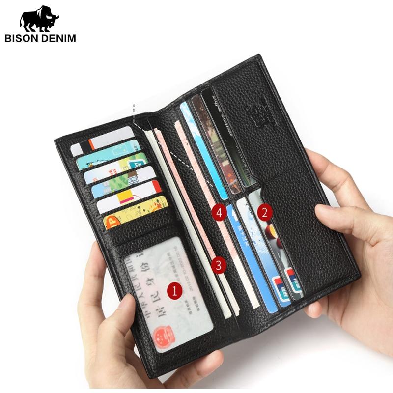 Bison Denim Mode Luxus Echtes Leder Männer Brieftaschen Lange Schlanke Bifold Brieftasche Kreditkarte Halter