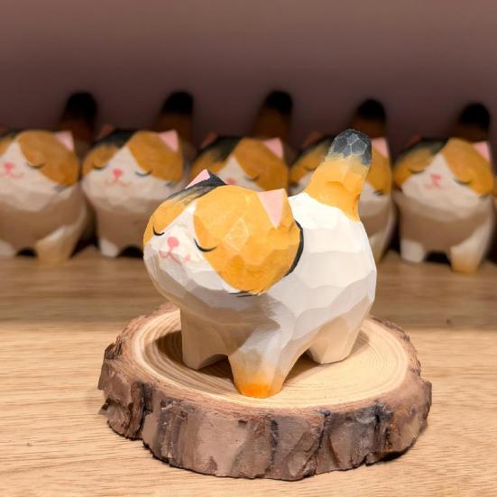 Cat Ornament Hand-Carved Wood Carving Compact Size Kitten Figure Wealth Symbol Desktop Car Bookshelf Decoration