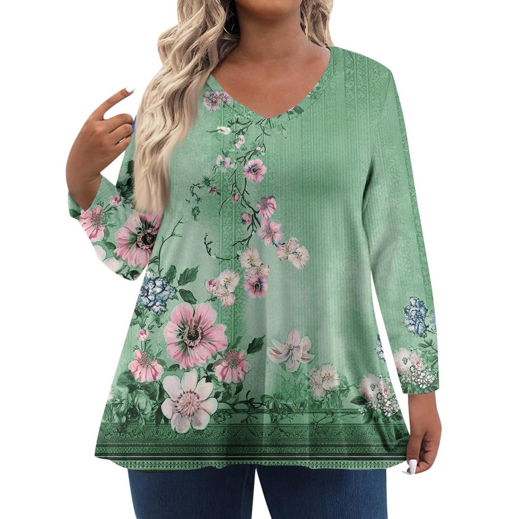 Modisches lässiges Langarm-Oberteil für Damen in Übergröße mit Blumenprint Übergröße Blumenprint-Oberteil