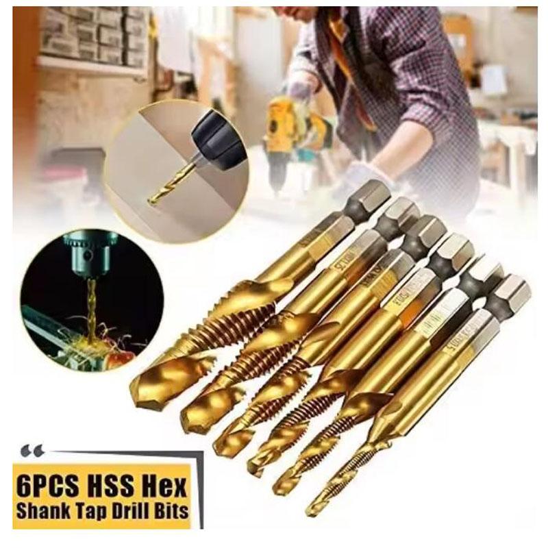 6pcs M3-M10 Screw Tap Drill Bits Hss Taps Countersink Deburr Set Metric Combination Bit High Speed Steel 1/4 IN Quick Change Hex