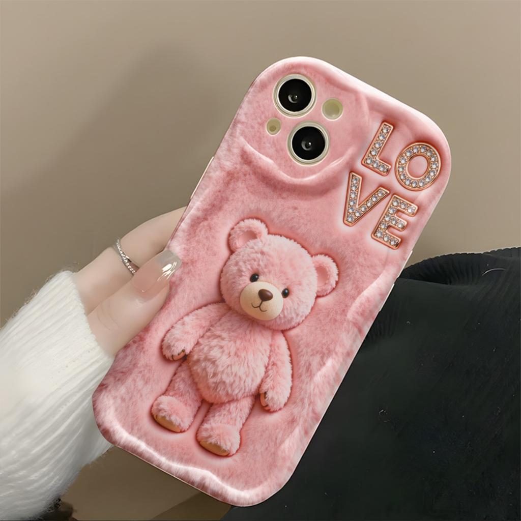 Cute Pink Teddy Bear & Love Pattern Phone Case For Samsung Galaxy S26 Ultra S25 S24 S23 S22 S21 S20 Plus A56 A54 A53 A16 Cover