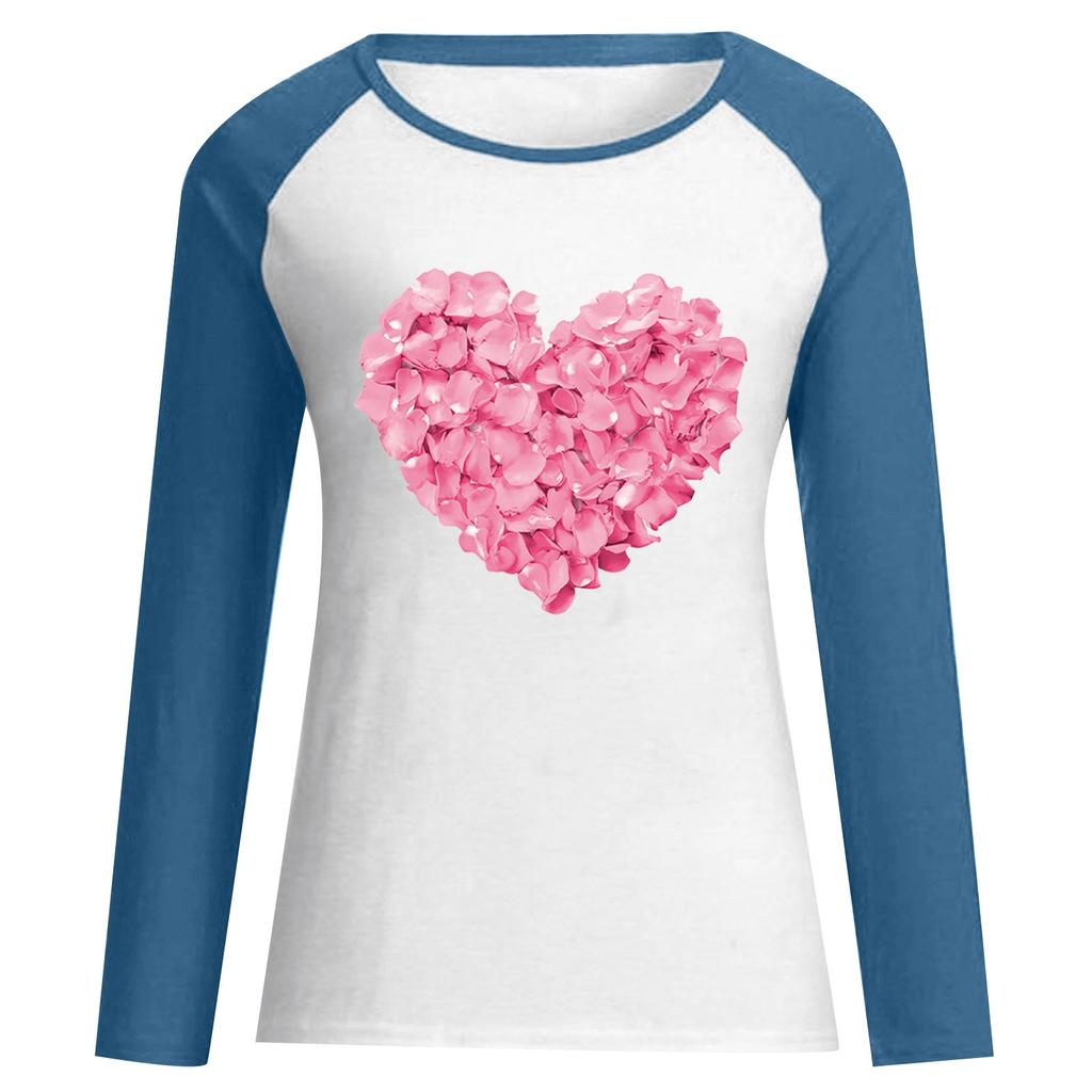 Ladies Casual Valentine's Day Print Round Neck Color Block Long Sleeve Pullover