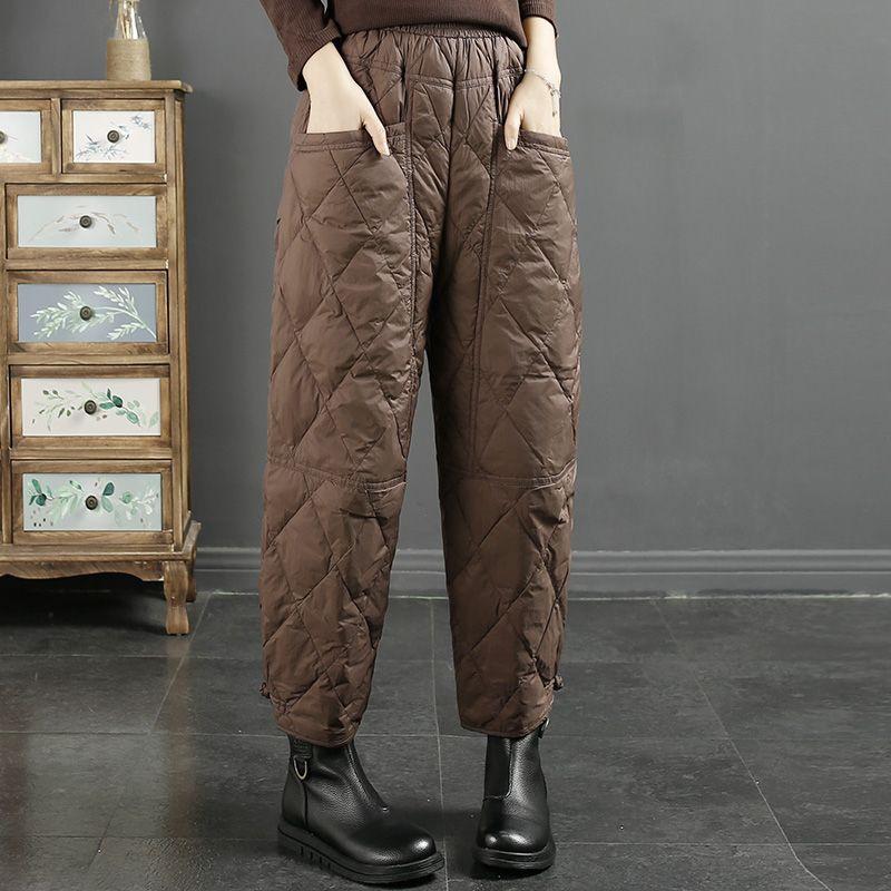 Women's Loose Rhombus‑Quilted Down Cotton Pants Windproof Warm Thick Elastic Waist Casual Winter Trousers