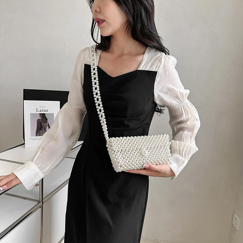 Fashion Pearl Bag Summer New Handmade Beaded Shoulder Oblique Span Women's Bag Simple Trend Woven Small Square Bag