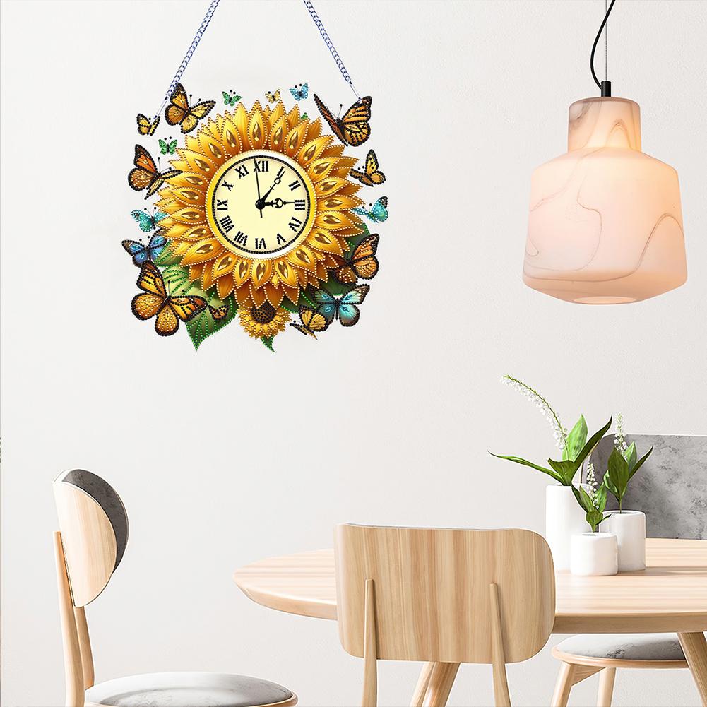 2D Flat DIY Sunflower Acrylic Special Shape 5D Hanging Clock Art Craft Diamond Art Clock Pendant Kit for Living Room Decoration