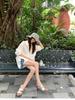 Korean V-Neck Puff Sleeve Shirt - Women's Early Autumn Loose Waist-Cinched Top