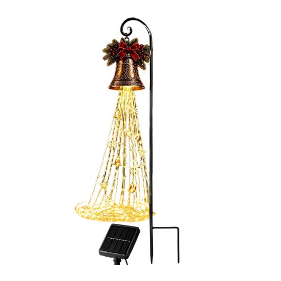 Christmas Ornament Garden Accents Solar Powered Light, Outdoor Metal Stake Snowman Bell Pendant Lamps Star Snowflake Waterfall String Lamp,