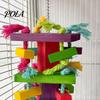 Durable Parrot Toy Chewing for Macaws African Greys, Colorful Wooden Block Puzzle with Medium Chew Cotton Tassels, Hanging Interactive Activity Cage,