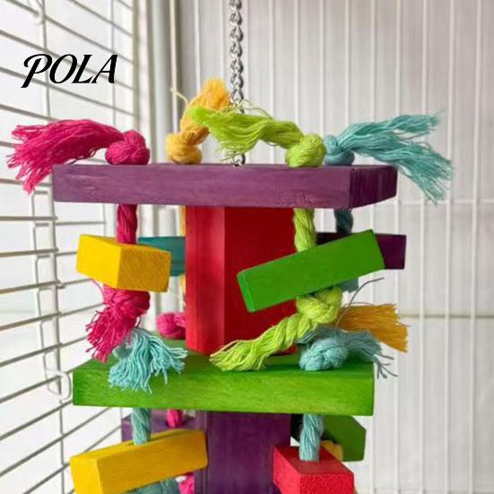 Durable Parrot Toy Chewing for Macaws African Greys, Colorful Wooden Block Puzzle with Medium Chew Cotton Tassels, Hanging Interactive Activity Cage,