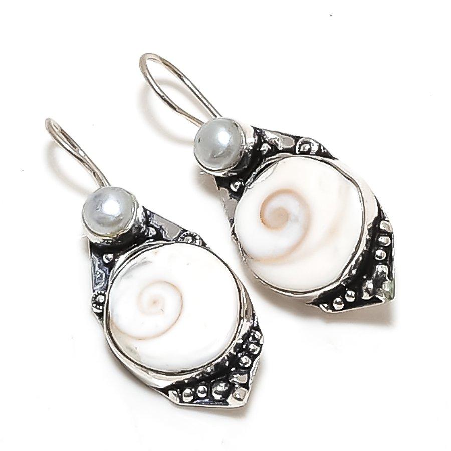Natural Shiva Eye, Pearl Gemstone 925 Sterling Silver Jewelry Earring 1.77" H4p94