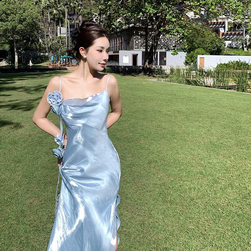Elegant French Seaside Vacation Dress Premium Swing Neck Double Layer Split Suspender Engagement Dress