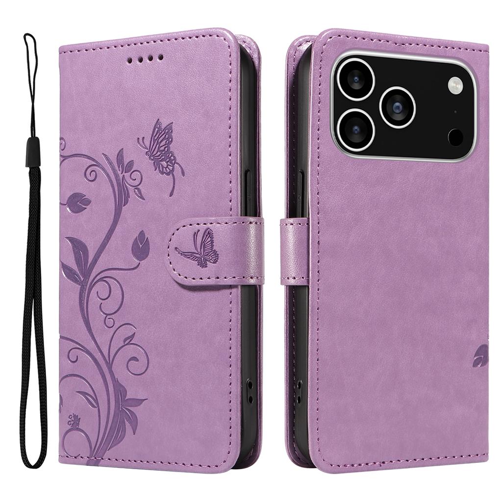 For iPhone 17 Pro PU Leather Cases Flower Pattern Wallet Stand Phone Cover with Strap