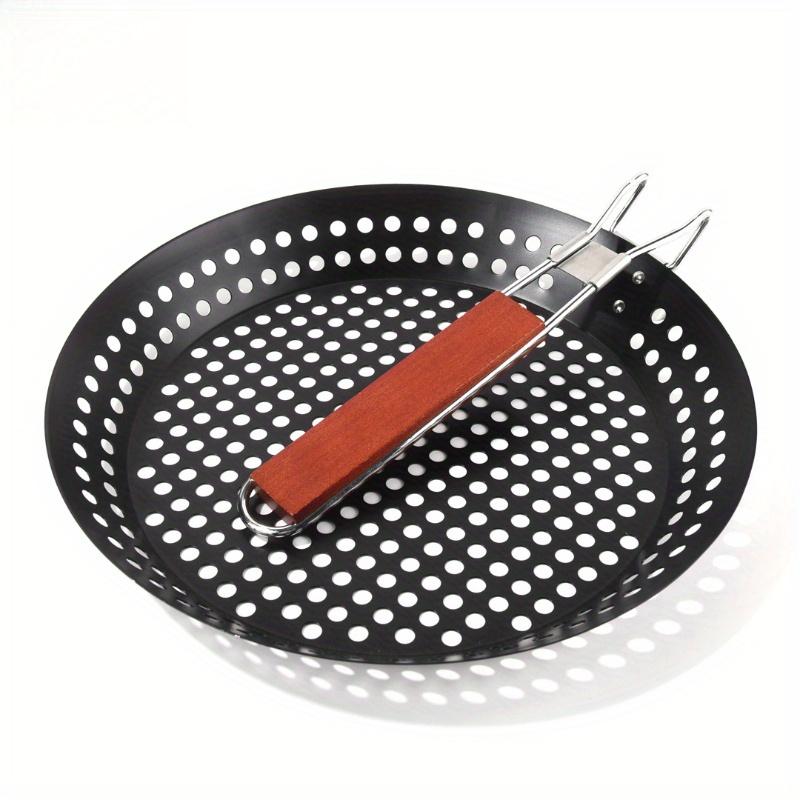 

Perforated BBQ Grilling Pan with Folding Handle Non-Stick Round Barbecue Skillet Portable Outdoor Grill Basket for Backyard BBQ