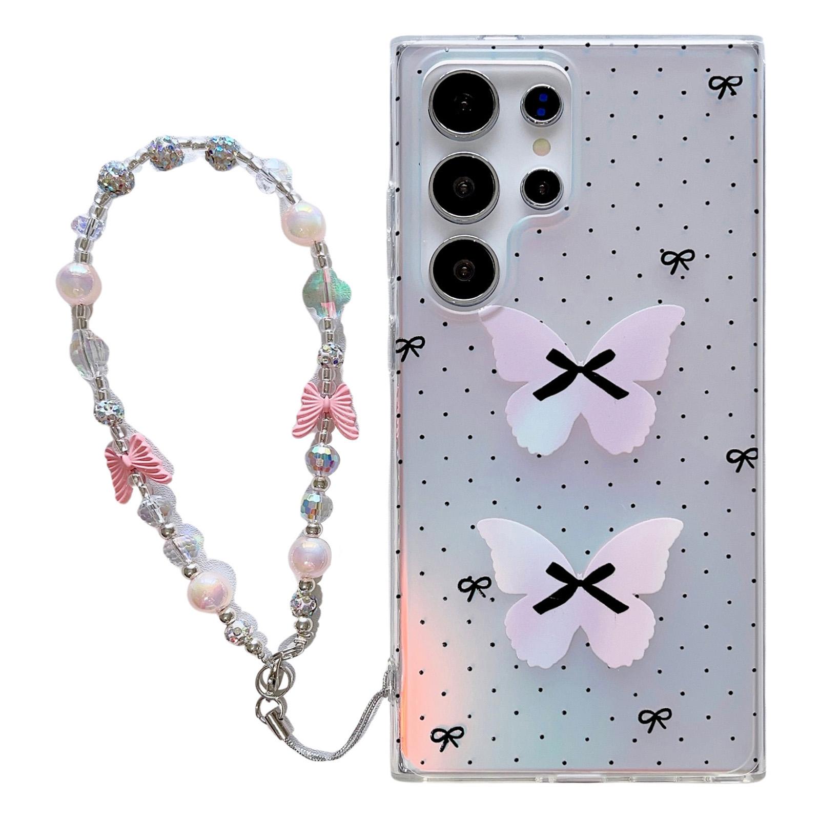 

For Samsung Galaxy S24 Ultra TPU Case Pattern Print Laser Effect Phone Cover with Chain Strap Butterfly
