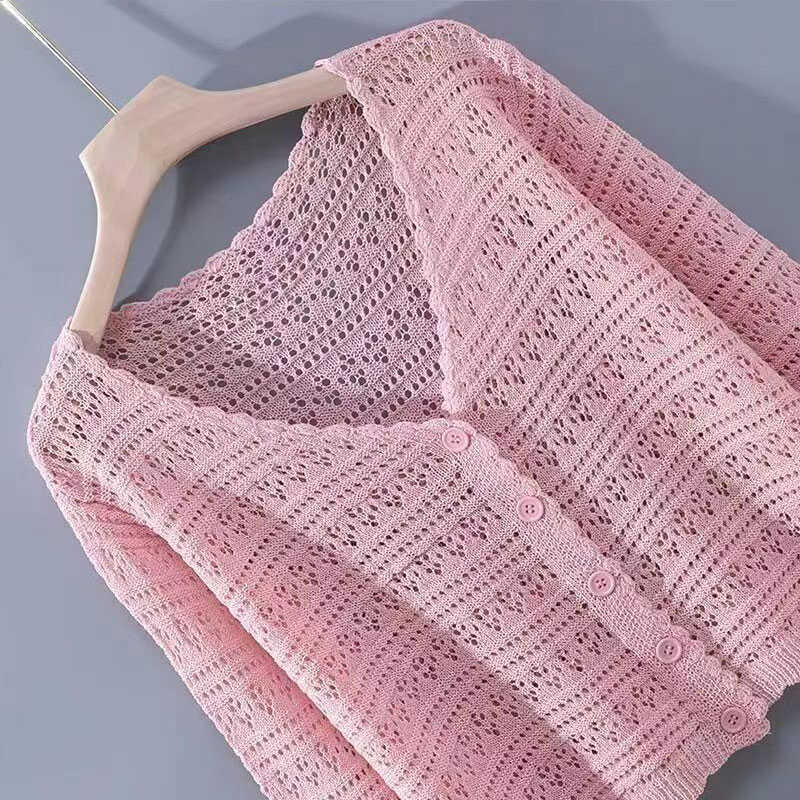 Summer Women's Ice Silk Cardigan Thin Long Sleeve Top Loose V-neck Hollow Out Knitted Sweater