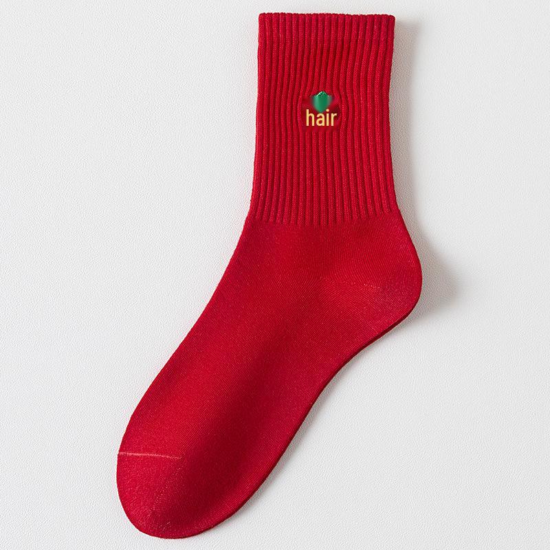 2026 Year of the Horse Women s Red Cotton Mid-Calf Socks: New Year Embroidery Gift