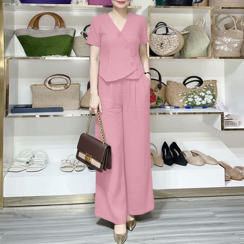 ZANZEA Kadın Kısa Kollu Bluz ve Pantolon Günlük İki Parça Takım Setleri