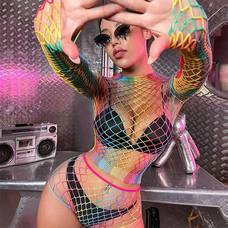 Sexy Women's Long Sleeved Colorful Mesh Suit Erotic Lingerie Set Hollow Sex Fishnet Perspective Underwear Exotic Costumes