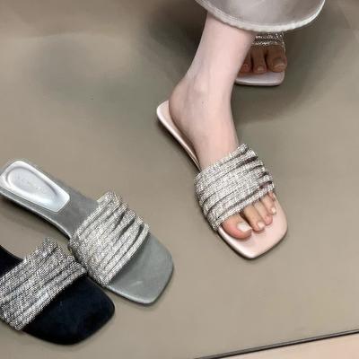 Gentle Version~ Fashion One-word Slippers Women's Summer Wear Lazy Rhinestones Sweet Low-heeled Open-toed Sandals High-end Sense