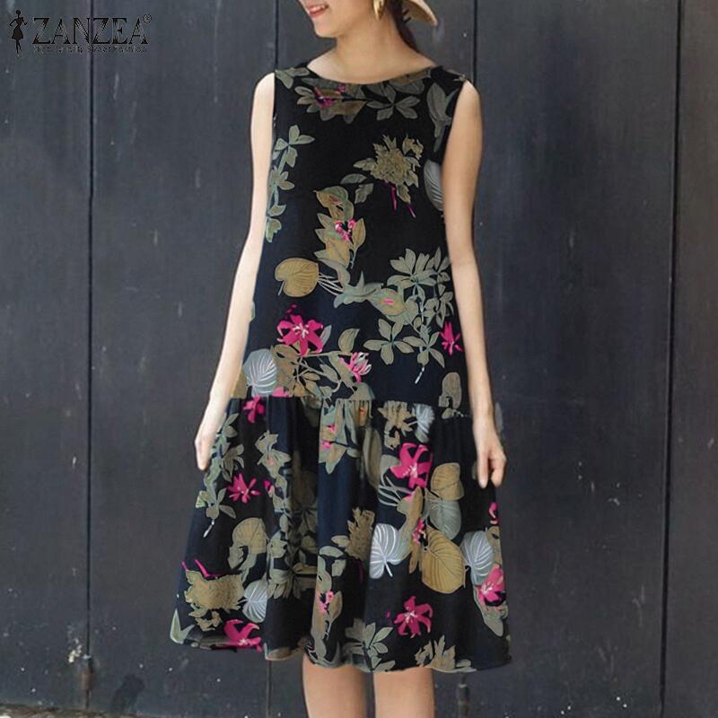 ZANZEA Dámské ležérní šaty s výstřihem do V a bez rukávů s volným květinovým potiskem